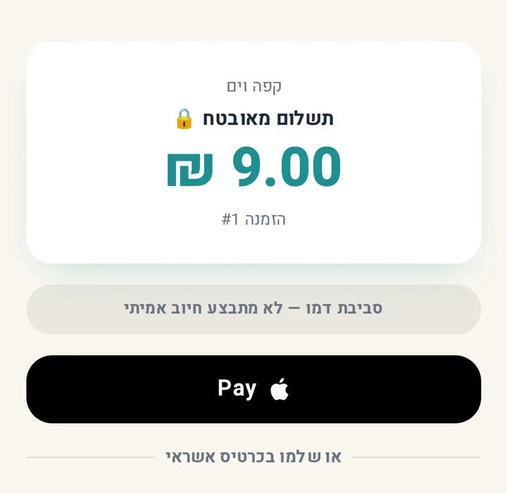 עמוד התשלום — Apple Pay וכרטיס